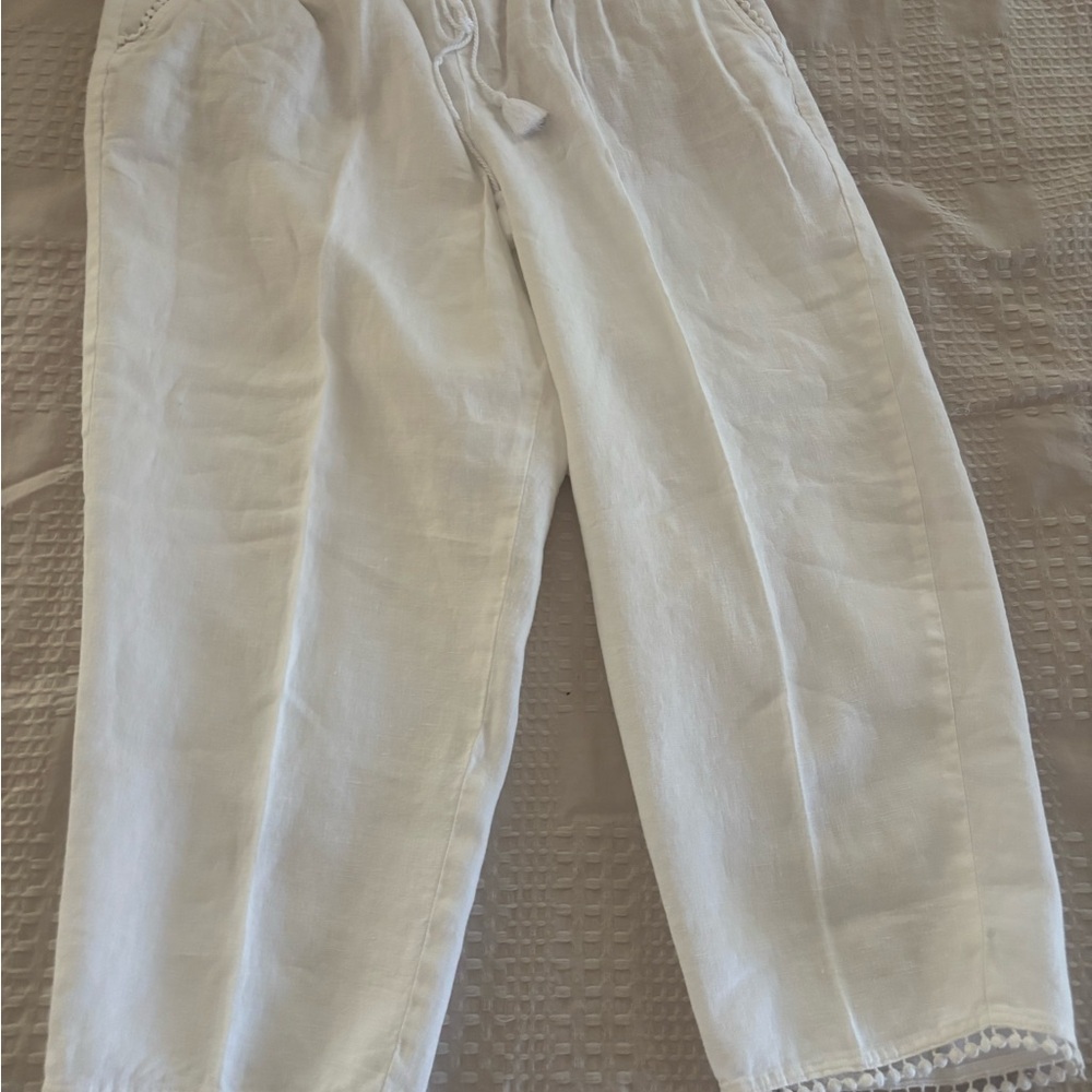 Talbots White Cropped Linen Drawstring Pants - image 1